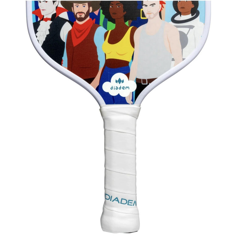 Diadem People of Pickleball paddle featuring illustrated characters in various outfits and professions, shown upright with a wrapped handle.