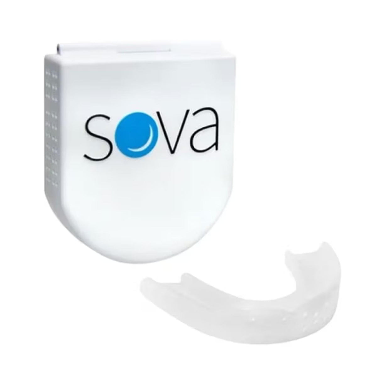 Dental night guard with storage case shown in retail packaging for teeth grinding protection and overnight comfort.