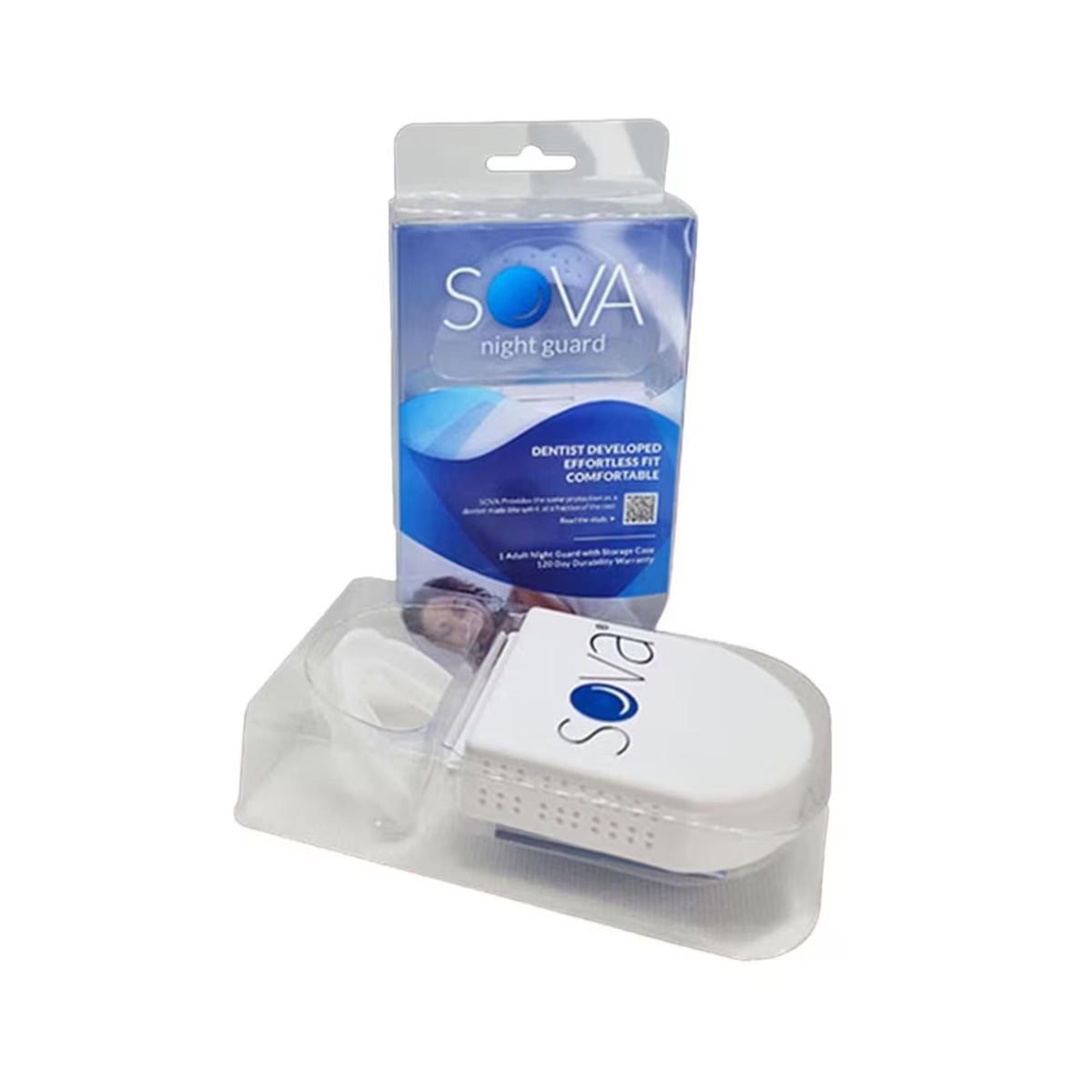 Dental night guard with storage case shown in retail packaging for teeth grinding protection and overnight comfort.