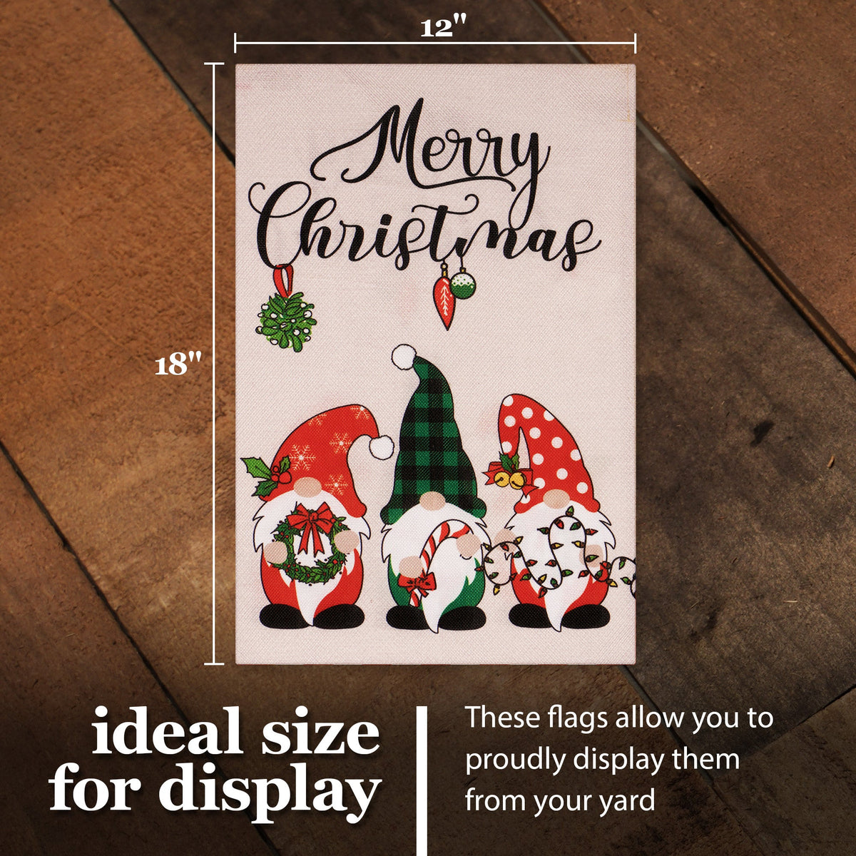 G128 Garden Flag Merry Christmas Three Festive Gnomes 12"x18" Burlap Fabric - View 4