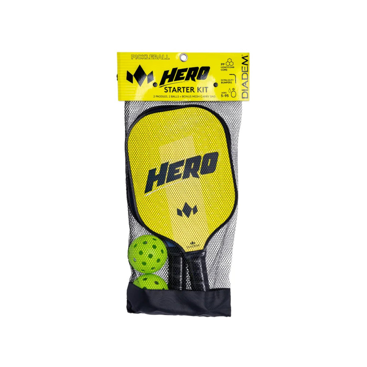 Diadem Hero Starter Kit v2 featuring two pickleball paddles and two perforated balls, arranged upright with handles visible.