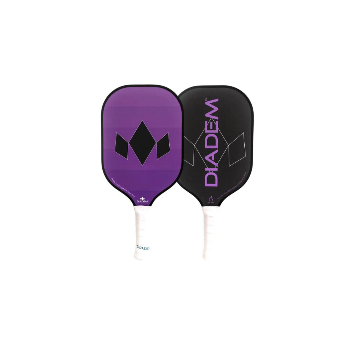 Two pickleball paddles displayed side by side featuring branded graphics and cushioned grip handles.