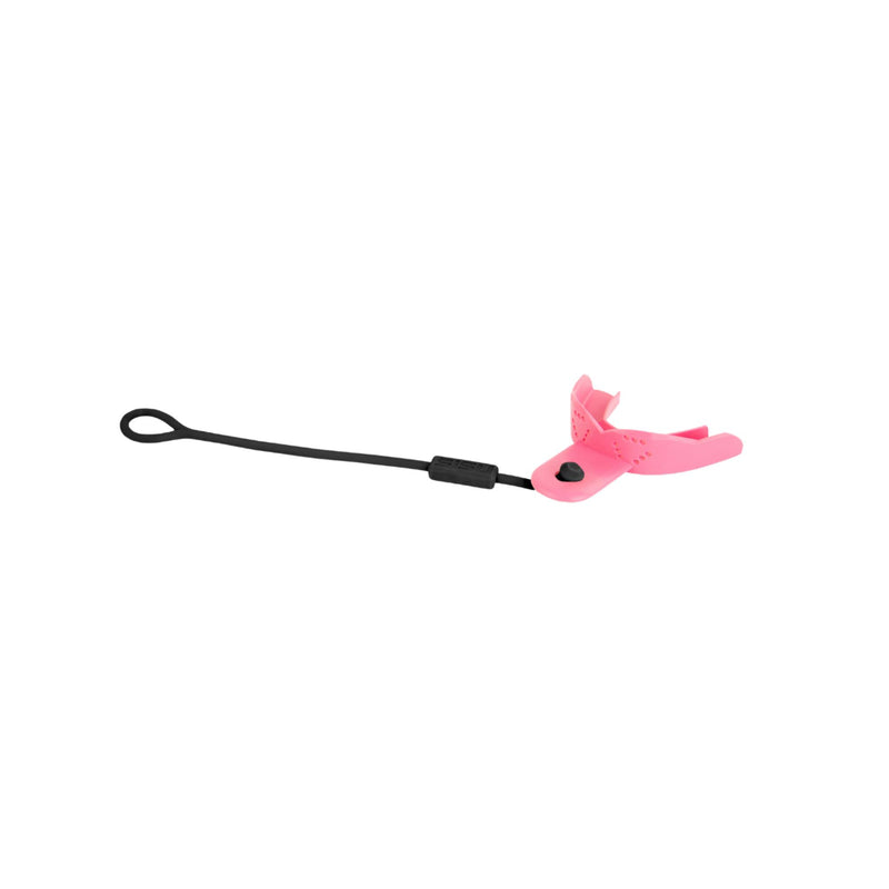 Youth mouthguard tether strap with adjustable slider and attachment clip for securing a mouthguard during sports activities.