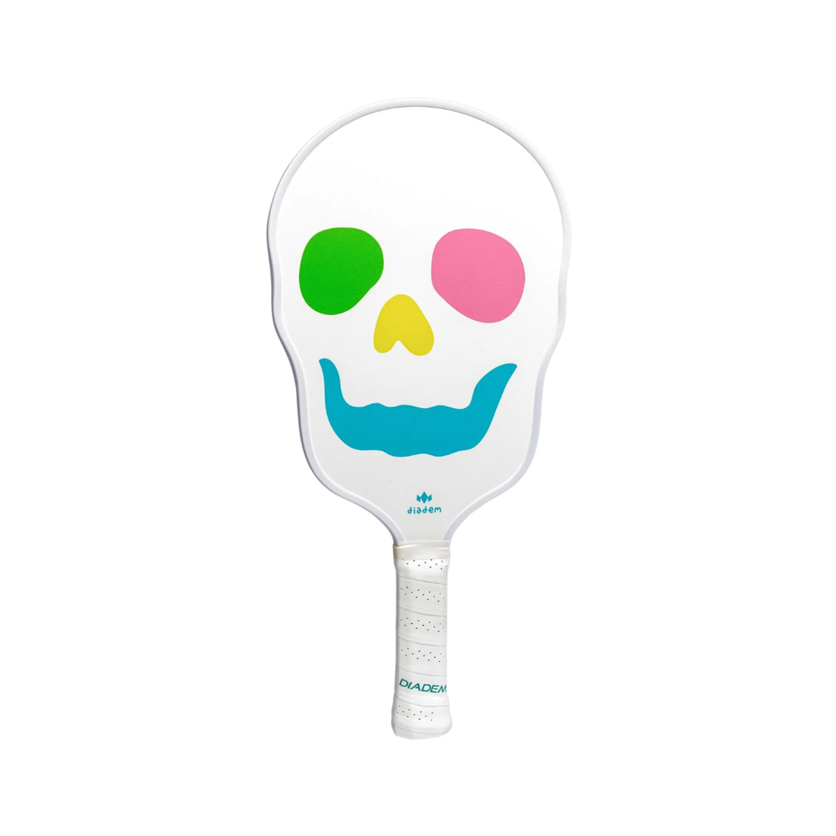 Pickleball paddle featuring a skull graphic design with colorful facial details and a cushioned grip handle.