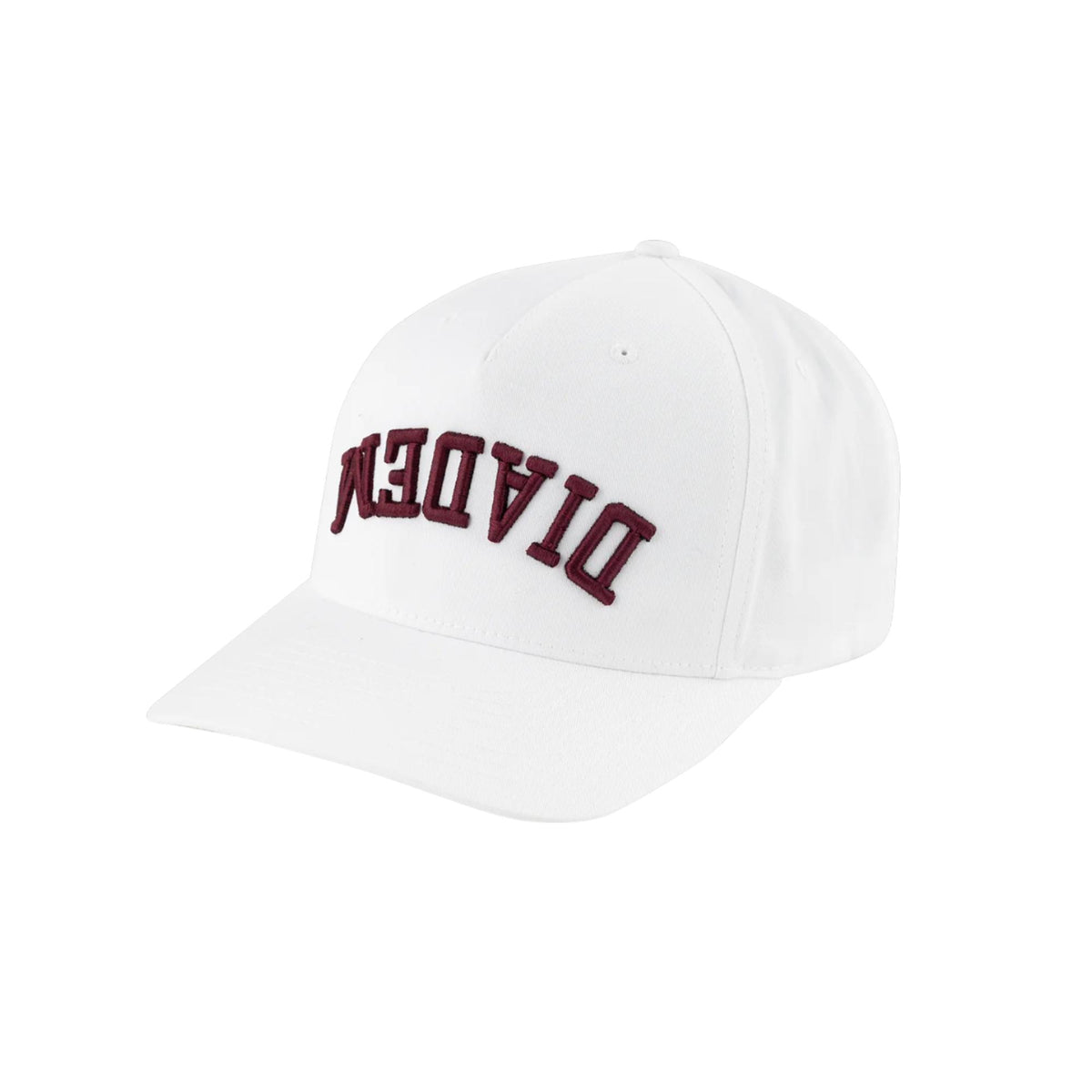 Structured baseball cap with curved brim and embroidered branding displayed upside down on the front panel.