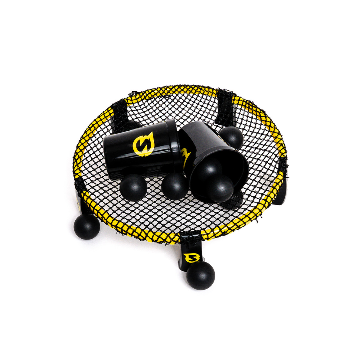 Spikeball Spikepong net with balls and cups - overhead view