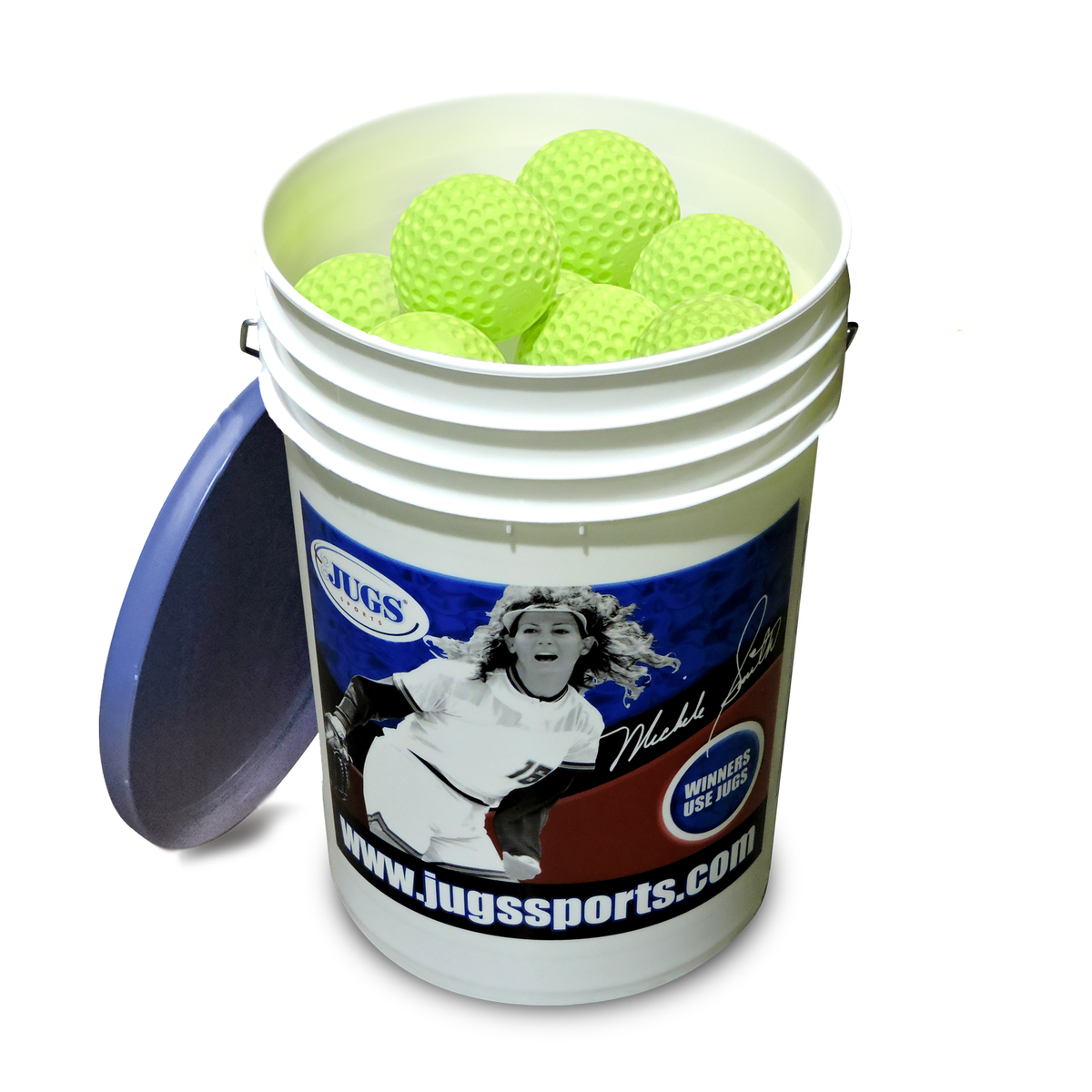 JUGS Bucket of Dimpled Sting-Free Softballs, Game-Ball Yellow in Bucket of 12" Game-Ball Yellow Dimpled Sting-Free Softballs - Front View