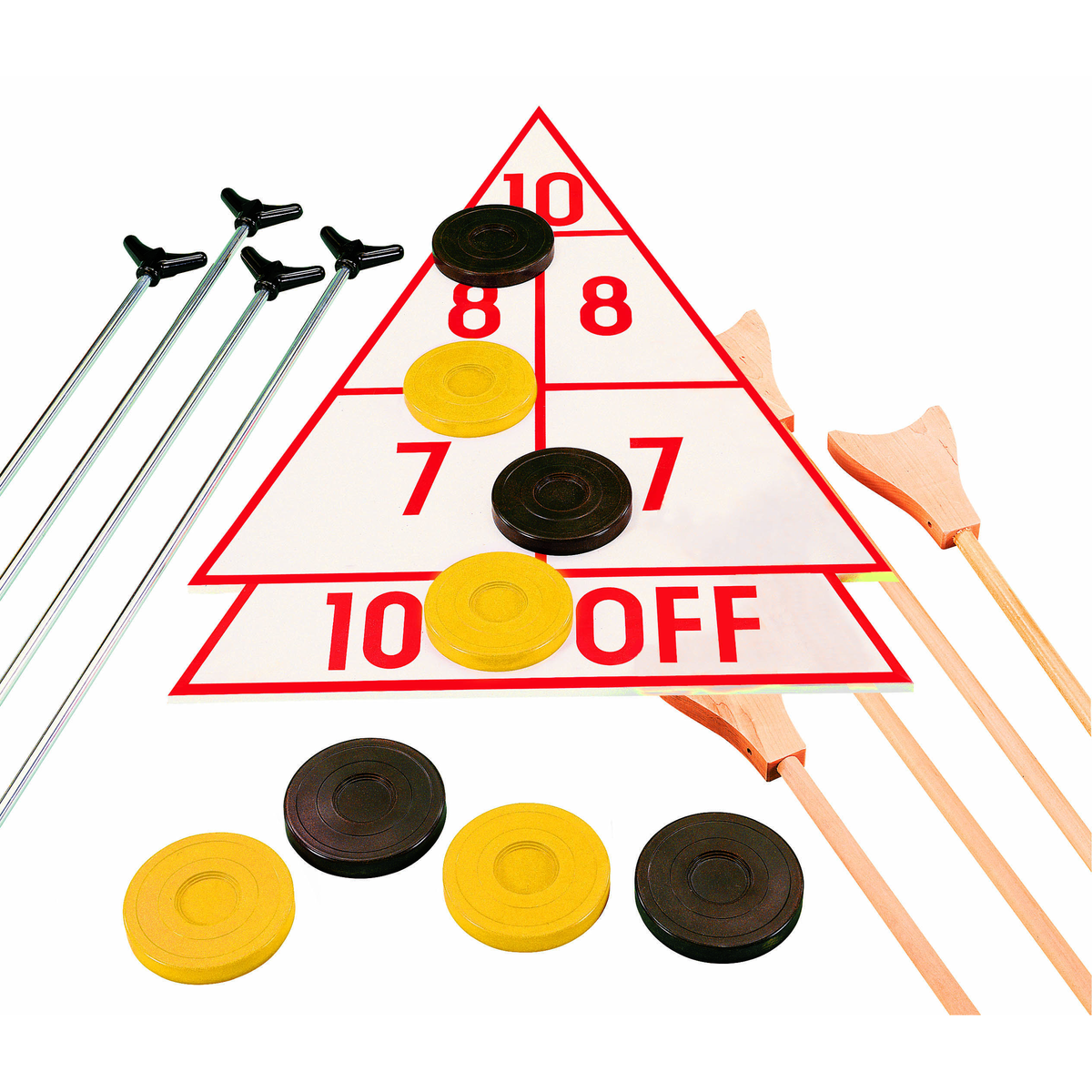 Martin Sports Aluminum Shuffleboard Set, 4 Cues and 8 Discs - Front View
