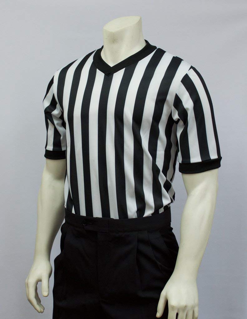 Smitty BKS-202 1 Inch Stripe Warpknit Basketball Referee V-Neck Shirt in Black and White - Front View