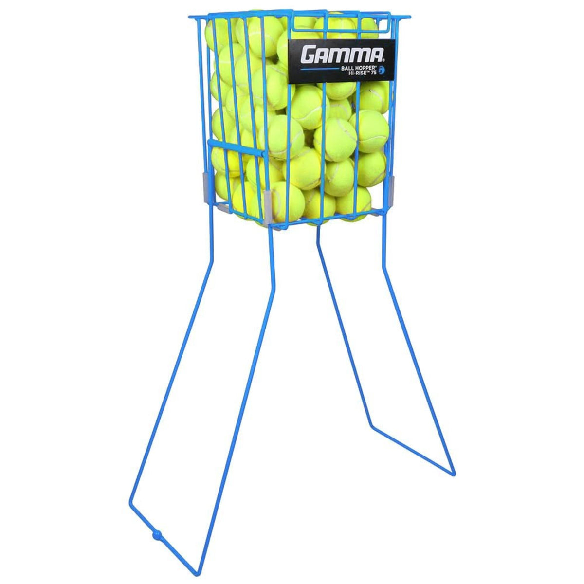 Portable tennis ball hopper basket with stand, designed for easy storage, transport, and convenient access to multiple tennis balls during practice.