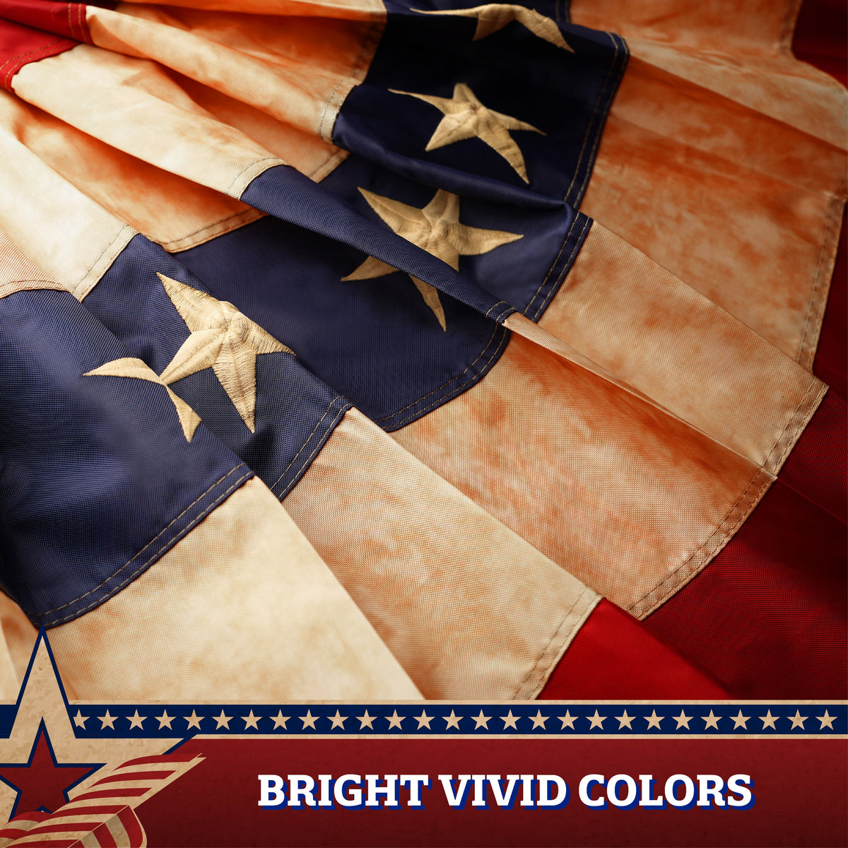 G128 USA Tea Stained Pleated Fan Flag 1.5x3FT Embroidered Polyester Stars and Stripes - View 4