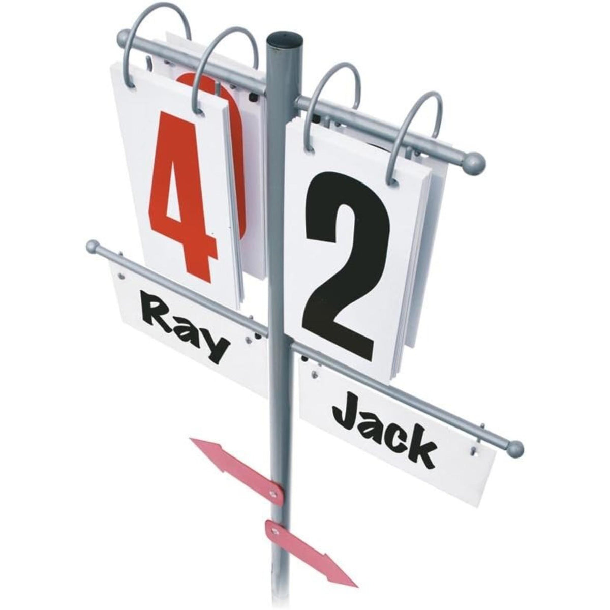 Portable pickleball score reporter with rotating number panels and player name display, designed for easy score tracking during matches.