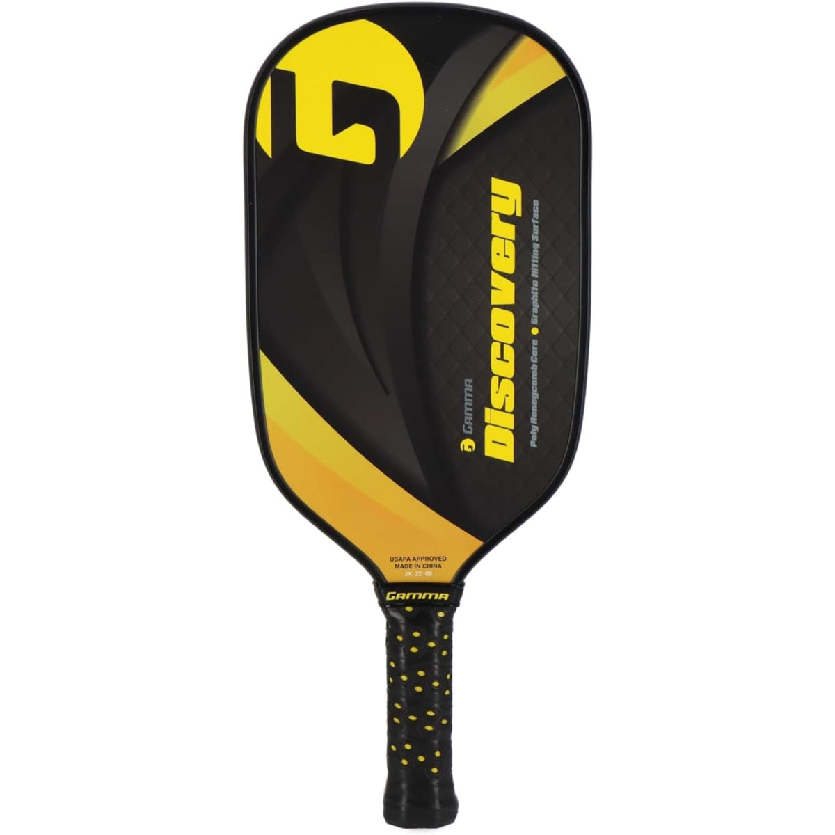 Pickleball paddle with a wide composite face, perforated surface pattern, and cushioned grip handle designed for control and durability.