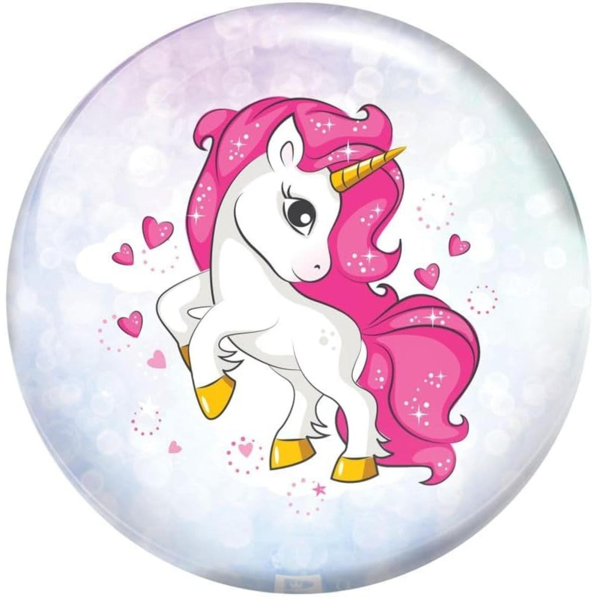 Bowling ball featuring a cartoon unicorn with a flowing mane and tail, surrounded by small hearts and decorative accents.