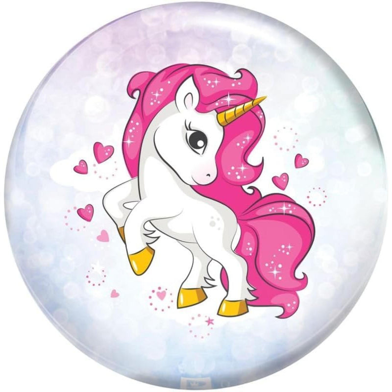 Bowling ball featuring a cartoon unicorn with a flowing mane and tail, surrounded by small hearts and decorative accents.