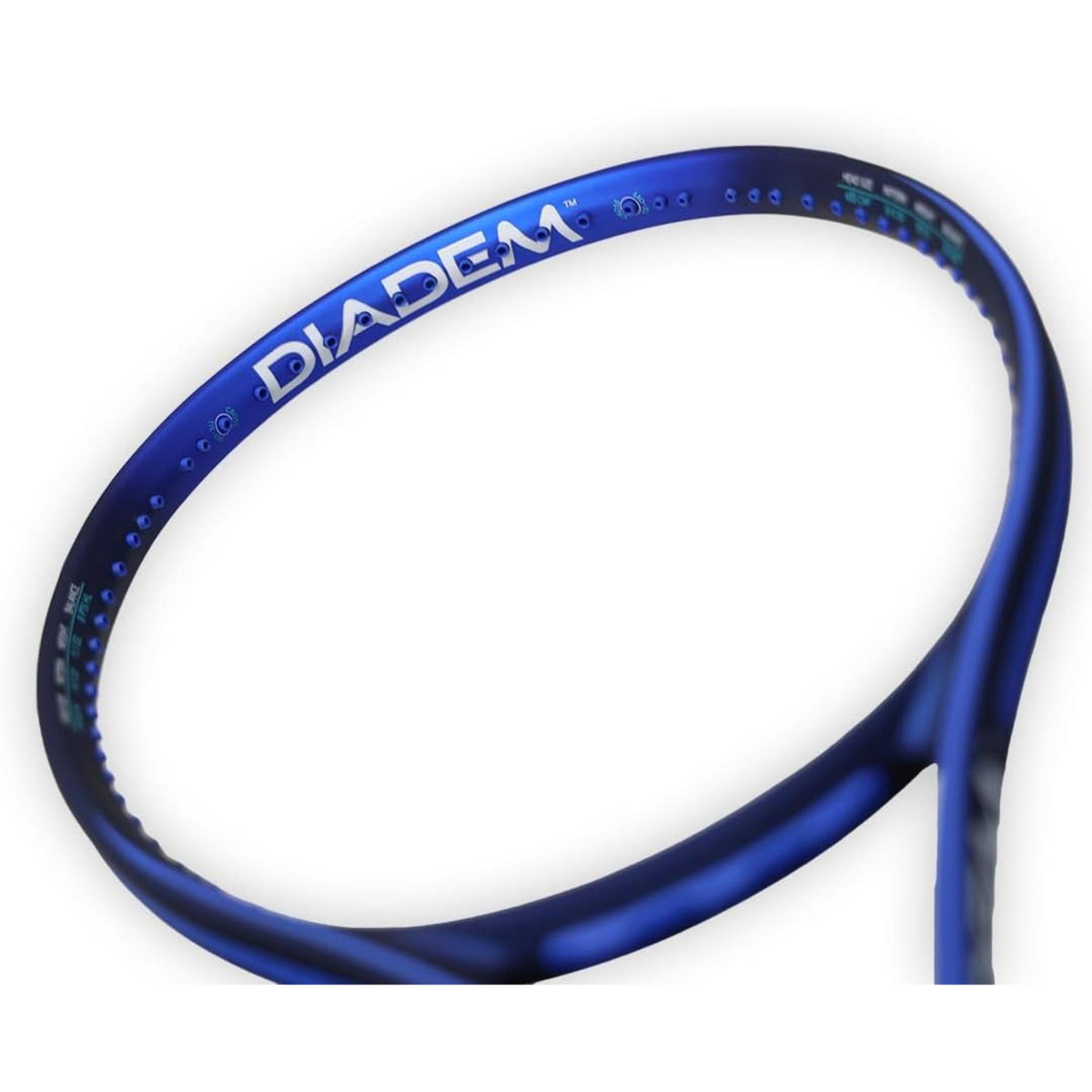 Diadem Elevate ELT tennis racket shown from front and side views, featuring an open string bed and standard grip handle.
