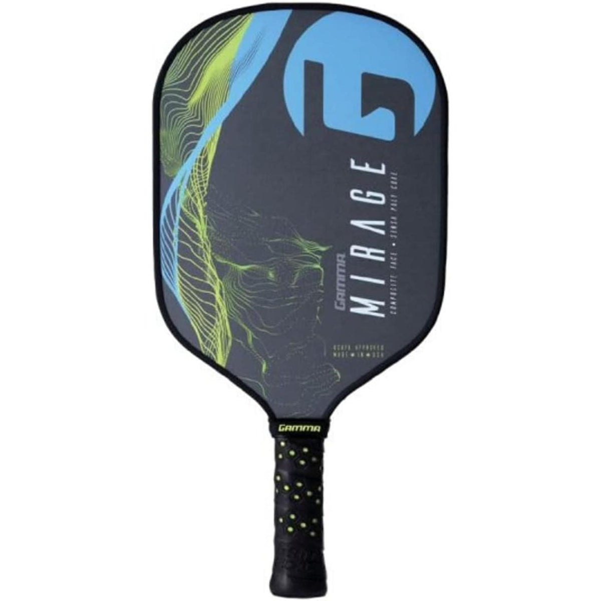 Pickleball paddle with a wide face and cushioned grip, designed for control and performance during gameplay.