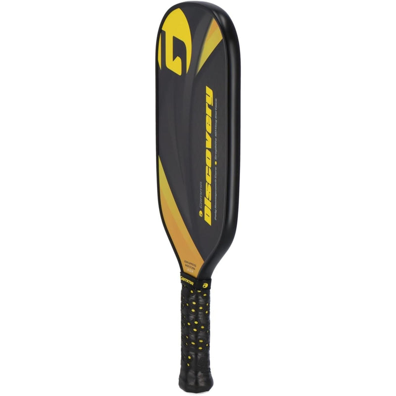 Pickleball paddle with a wide composite face, perforated surface pattern, and cushioned grip handle designed for control and durability.