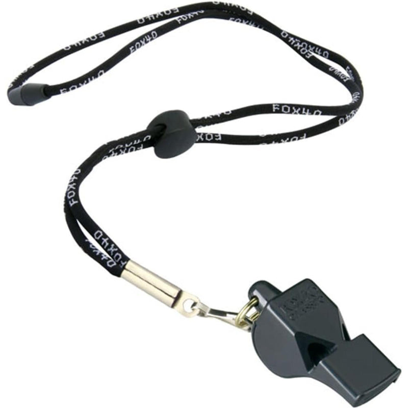Safety whistle attached to a lanyard with a breakaway connector for easy wearing and quick release, suitable for sports or emergency signaling.