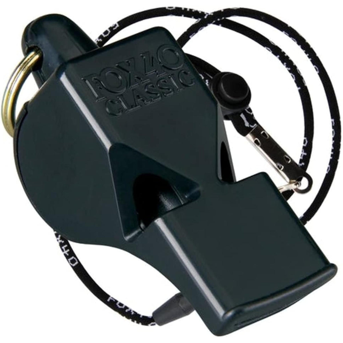 Safety whistle attached to a lanyard with a breakaway connector for easy wearing and quick release, suitable for sports or emergency signaling.