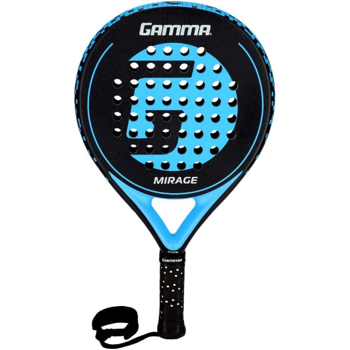 Padel racquet with fiberglass construction, perforated face design, and cushioned handle with wrist strap for control and comfort.