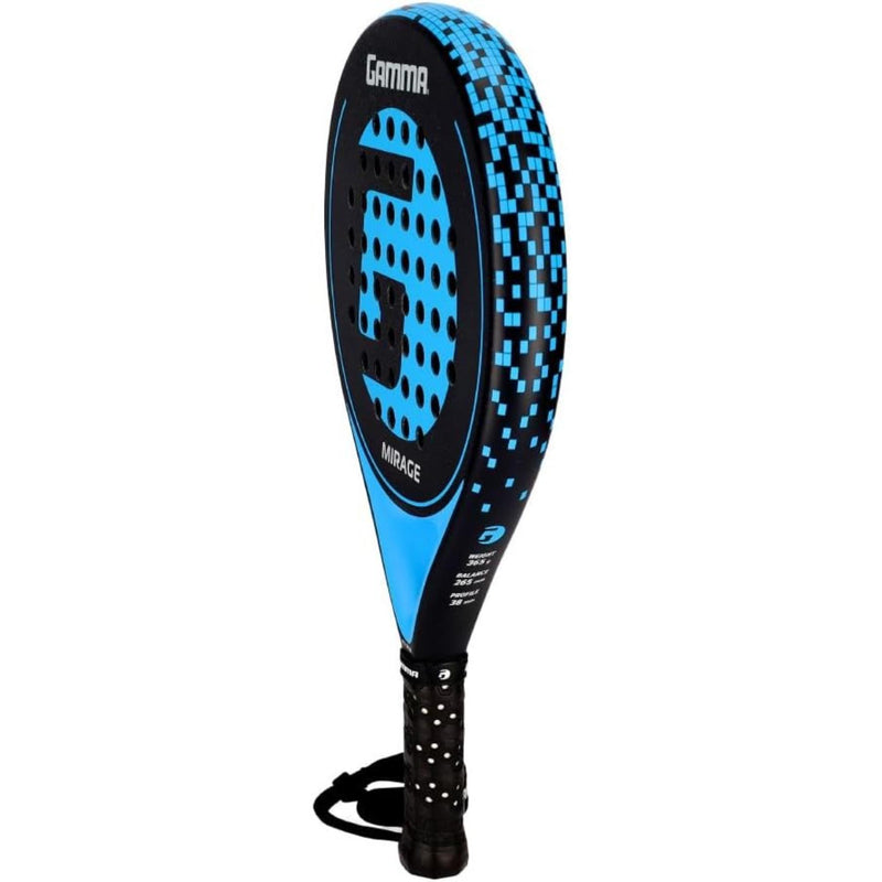 Padel racquet with fiberglass construction, perforated face design, and cushioned handle with wrist strap for control and comfort.