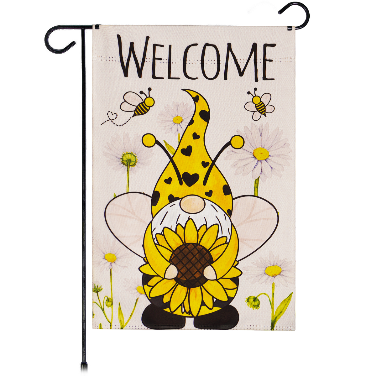 G128 Garden Flag Welcome Bee Gnome with Sunflower 12"x18" Blockout Fabric