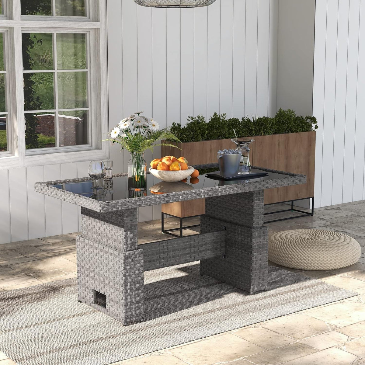 Rectangular Lift-Top Outdoor Table, Grey Resin Wicker with Glass Top - View 2