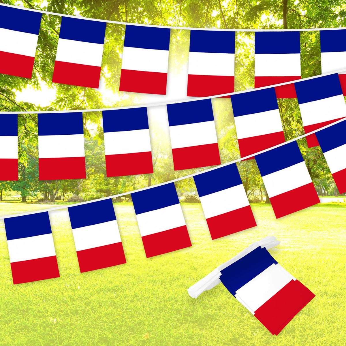 G128 France French Bunting Banner, Flag 8.2 x 5.5 Inch, Full String 33 Feet, Printed 150D Polyester, Decorations For