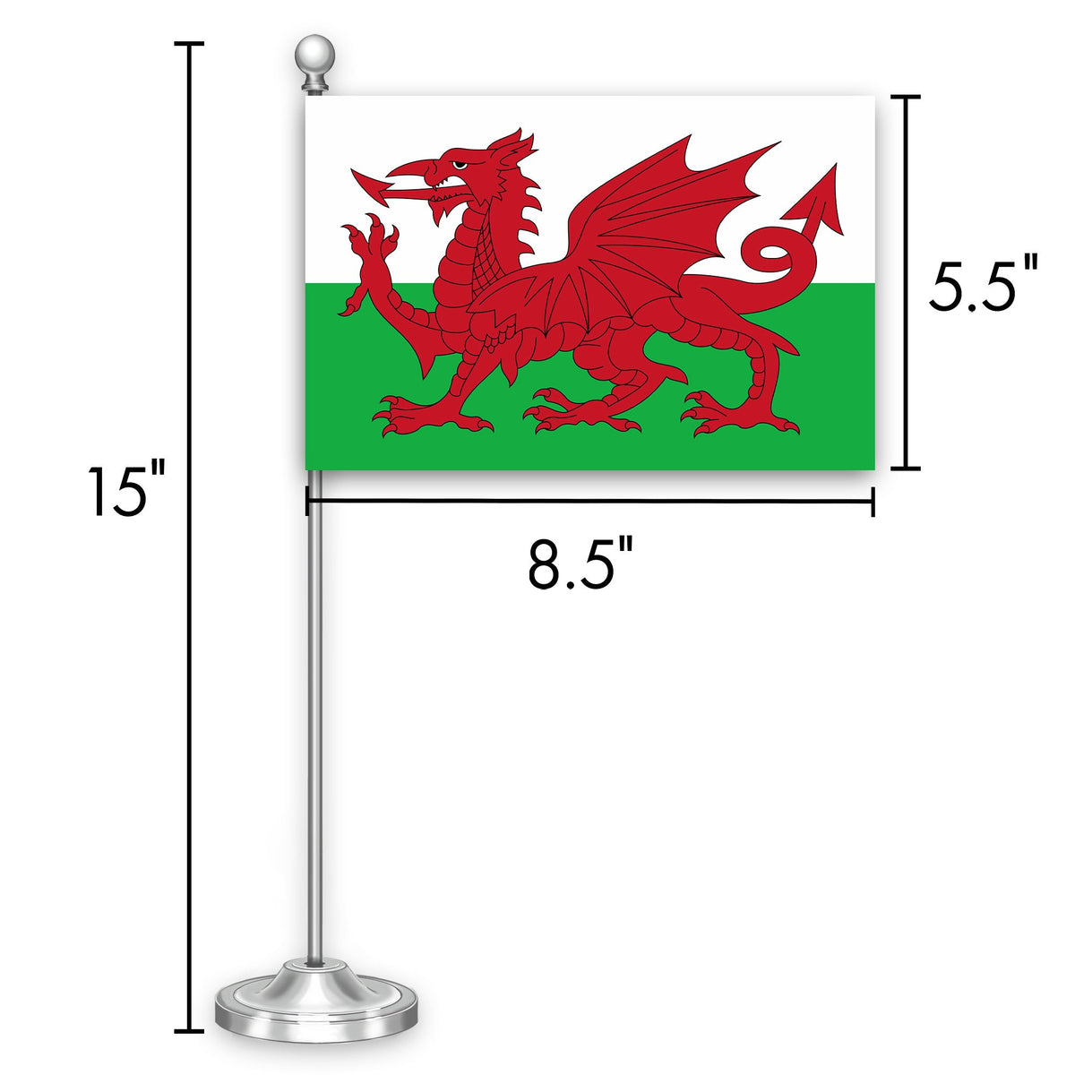 G128 Wales Welsh Deluxe Desk Flag Set, 8.5x5.5 In, Printed 300D Polyester, with Silver Dome and Base, 15" - View 7