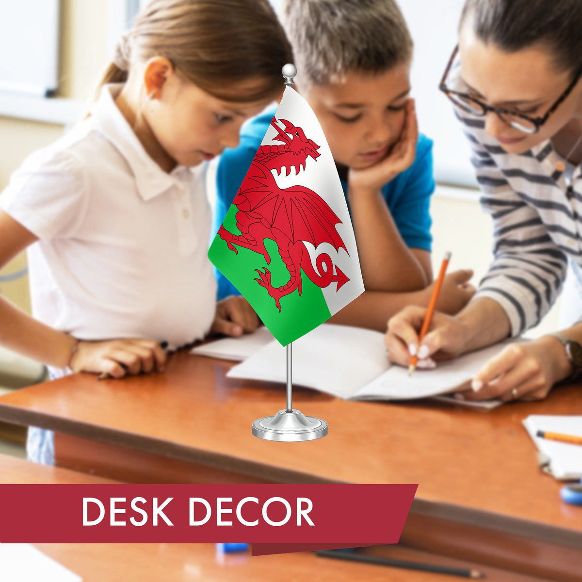 G128 Wales Welsh Deluxe Desk Flag Set, 8.5x5.5 In, Printed 300D Polyester, with Silver Dome and Base, 15" - View 5
