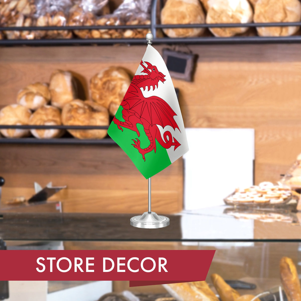 G128 Wales Welsh Deluxe Desk Flag Set, 8.5x5.5 In, Printed 300D Polyester, with Silver Dome and Base, 15" - View 6