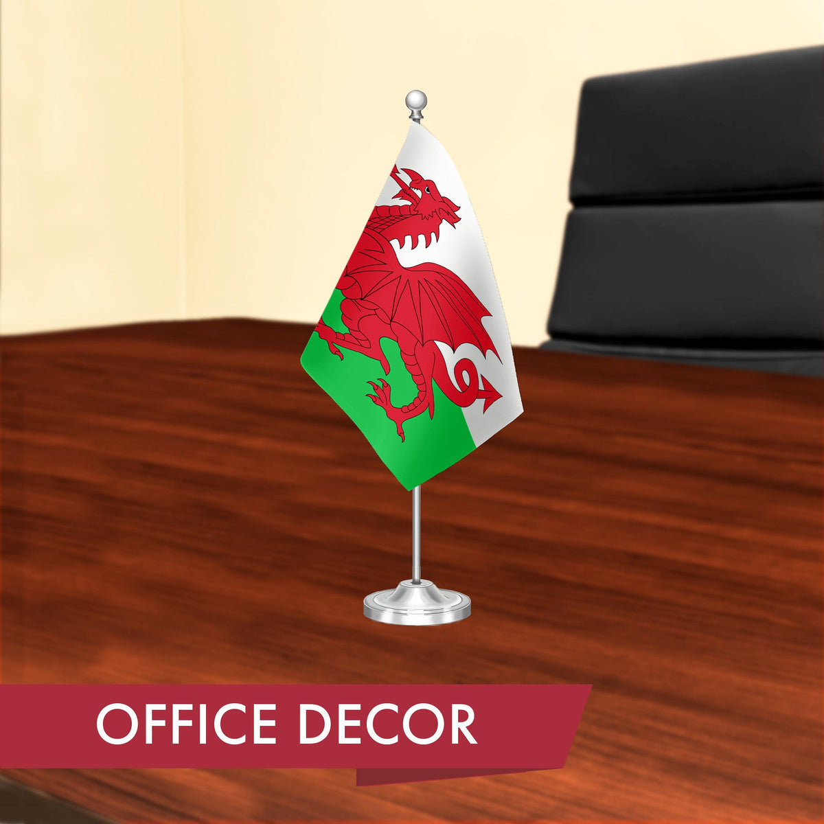 G128 Wales Welsh Deluxe Desk Flag Set, 8.5x5.5 In, Printed 300D Polyester, with Silver Dome and Base, 15" - View 4