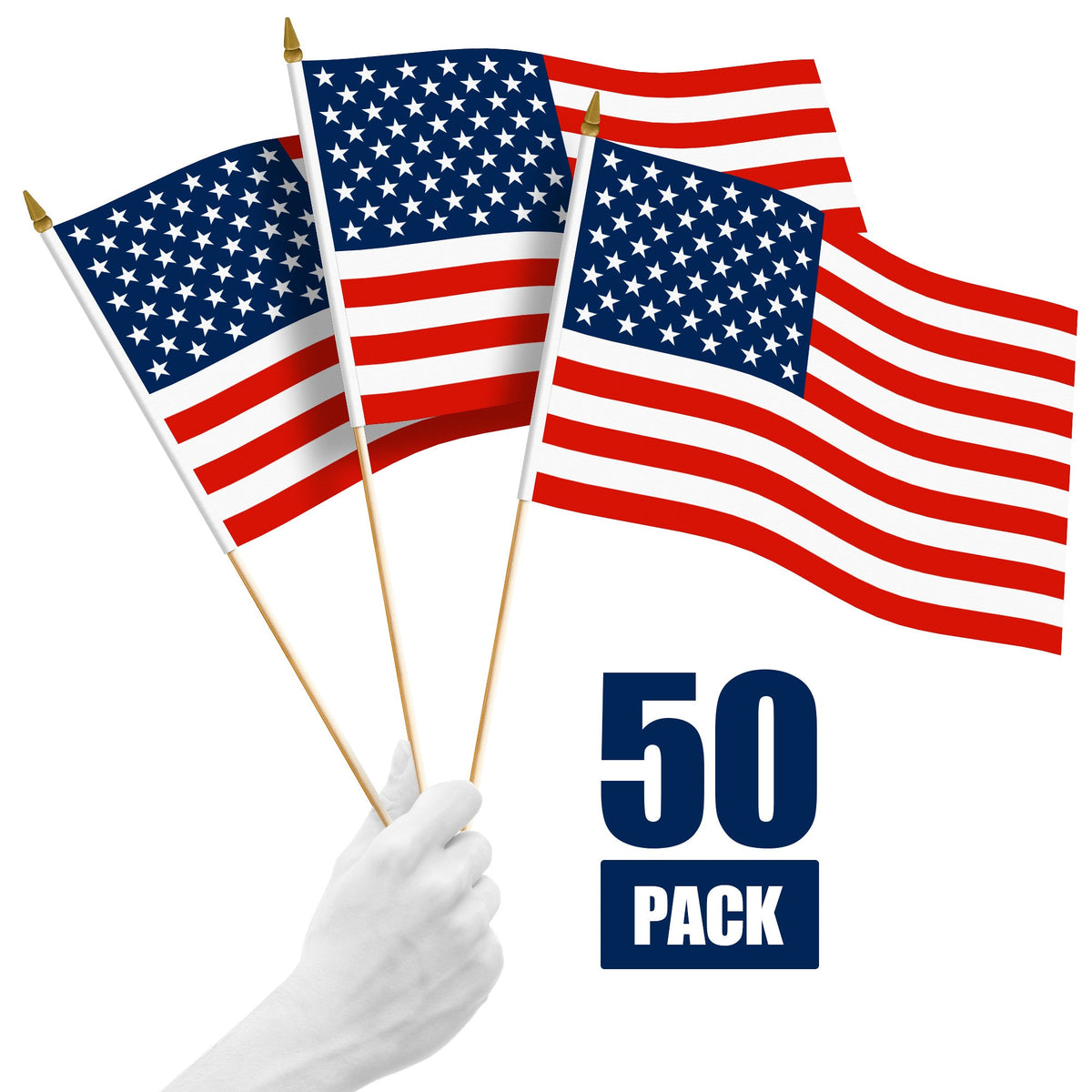 G128 50 Pack Handheld American USA Stick Flags, 12x18 In, Printed 150D Polyester, Country Flag, Solid Wooden Stick