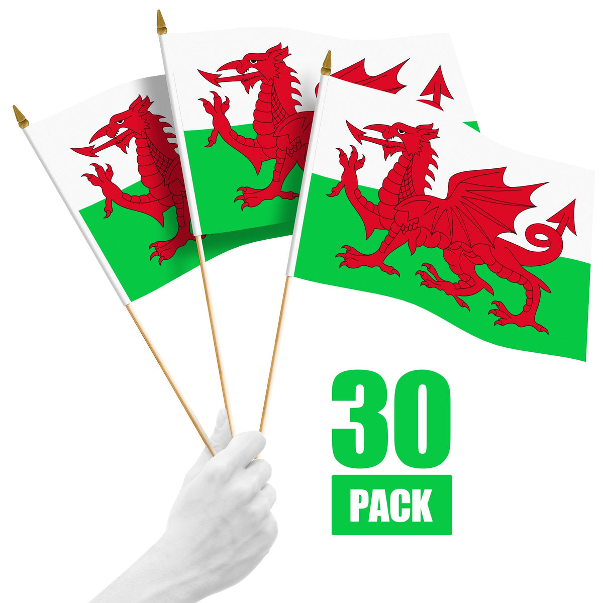 G128 30 Pack Handheld Wales Welsh Stick Flags, 12x18 In, Printed 150D Polyester, Country Flag, Solid Wooden Stick, Spear
