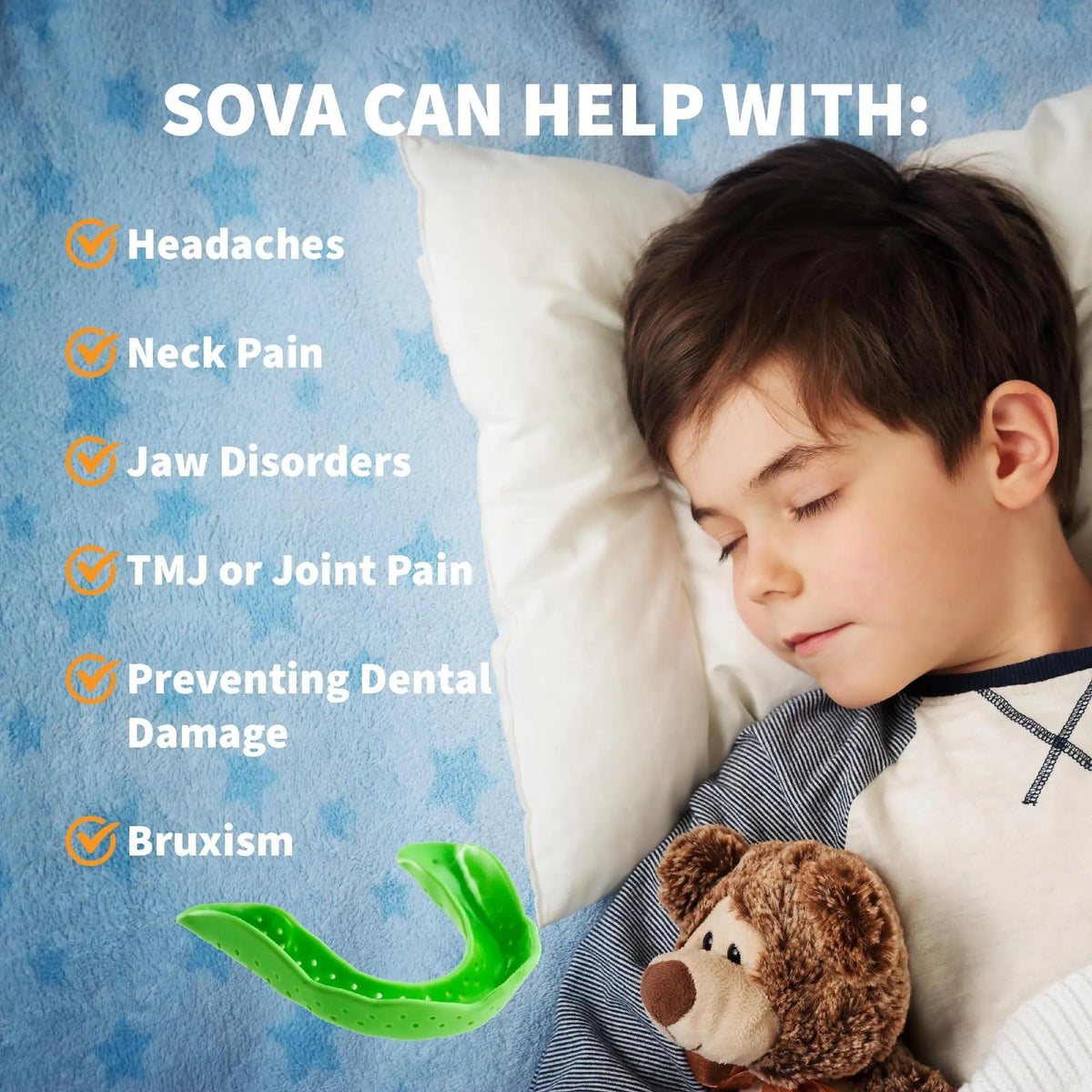 Junior dental night guard with storage case designed for protecting teeth during sleep.