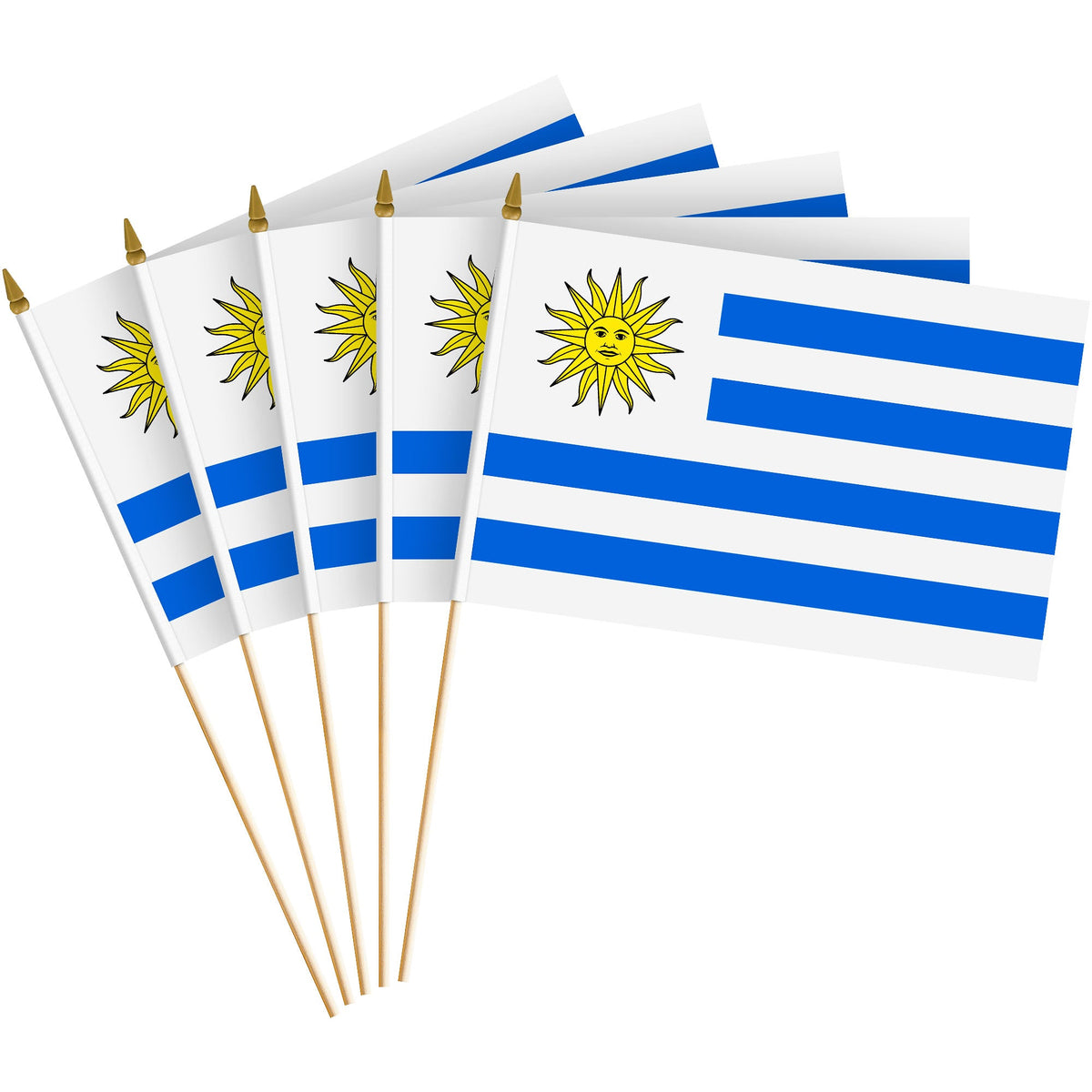 G128 30 Pack Handheld Uruguay Uruguayan Stick Flags, 8x12 In, Printed 150D Polyester, Country Flag, Solid Wooden Stick
