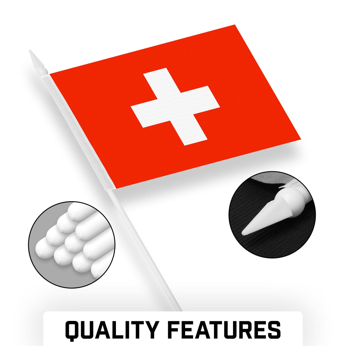 G128 50 Pack Handheld Switzerland Swiss Stick Flags, 4x6 In, Printed 150D Polyester, Country Flag, Solid - View 8