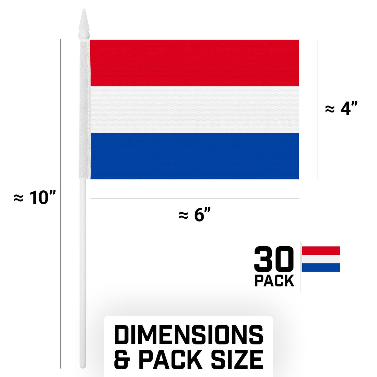 G128 30 Pack Handheld Netherlands Dutch Stick Flags, 4x6 In, Printed 150D Polyester, Country Flag, Solid - View 9