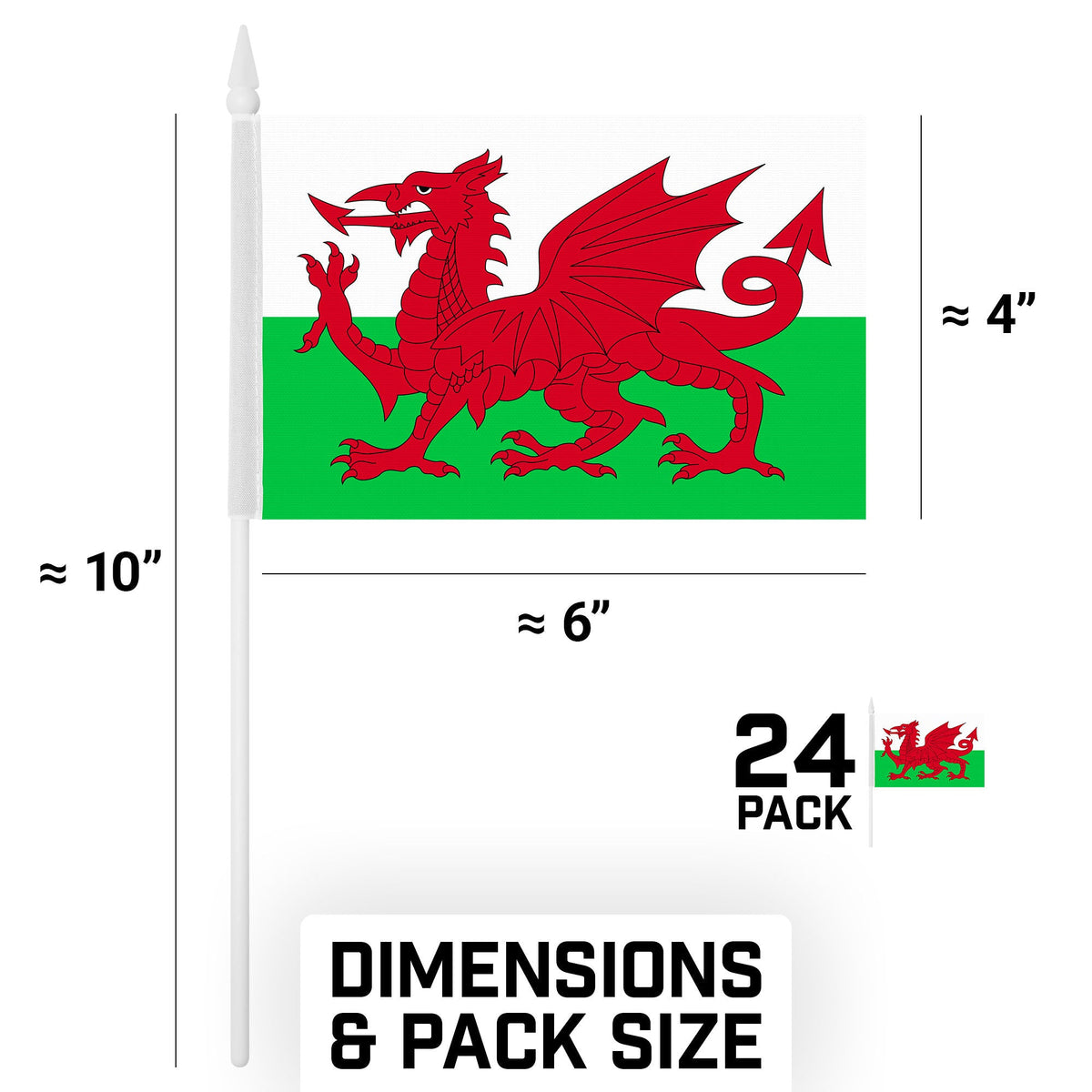 G128 24 Pack Handheld Wales Welsh Stick Flags, 4x6 In, Printed 150D Polyester, Country Flag, Solid Plastic - View 9