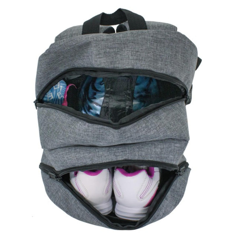 Single ball bowling backpack featuring a spacious main compartment, multiple zippered pockets, side mesh pocket, and adjustable shoulder straps for easy carrying and storage.