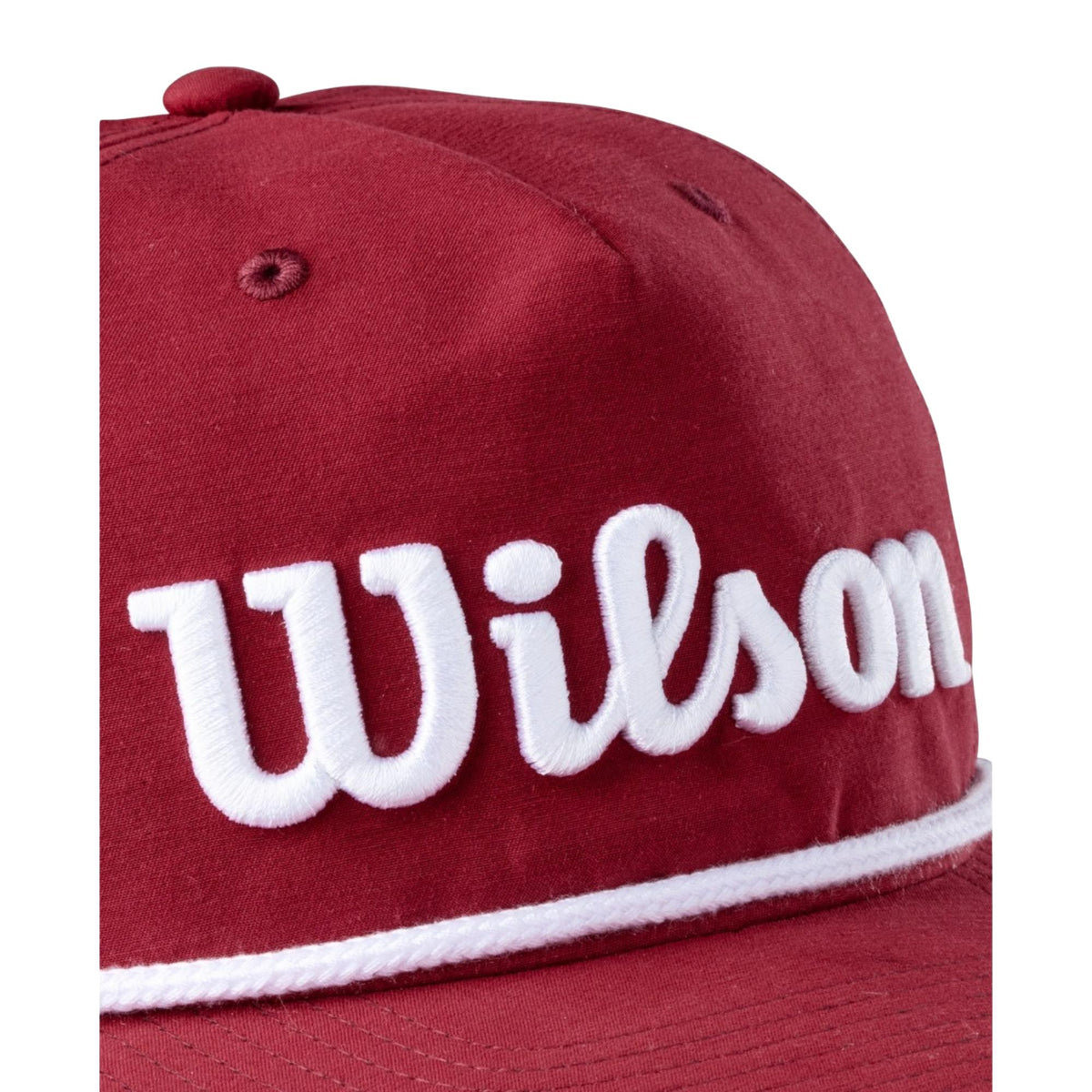 Wilson Golf Script rope hat featuring a classic structured design with embroidered Wilson script logo and decorative rope detail across the brim for a timeless golf style.