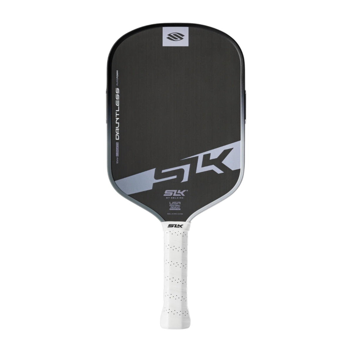 Selkirk SLK Dauntless pickleball paddle with a textured face, wide body design, and perforated grip handle for enhanced control and feel.