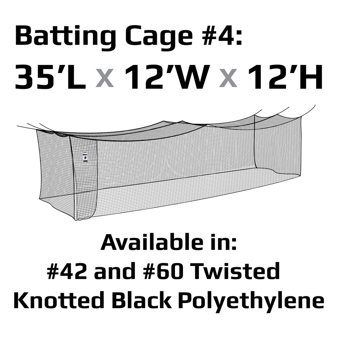 JUGS Batting Cage Nets in Cage 4: 35' L x 12' W x 12' H / #60 Twisted Knotted Black Polyethylene - Front View