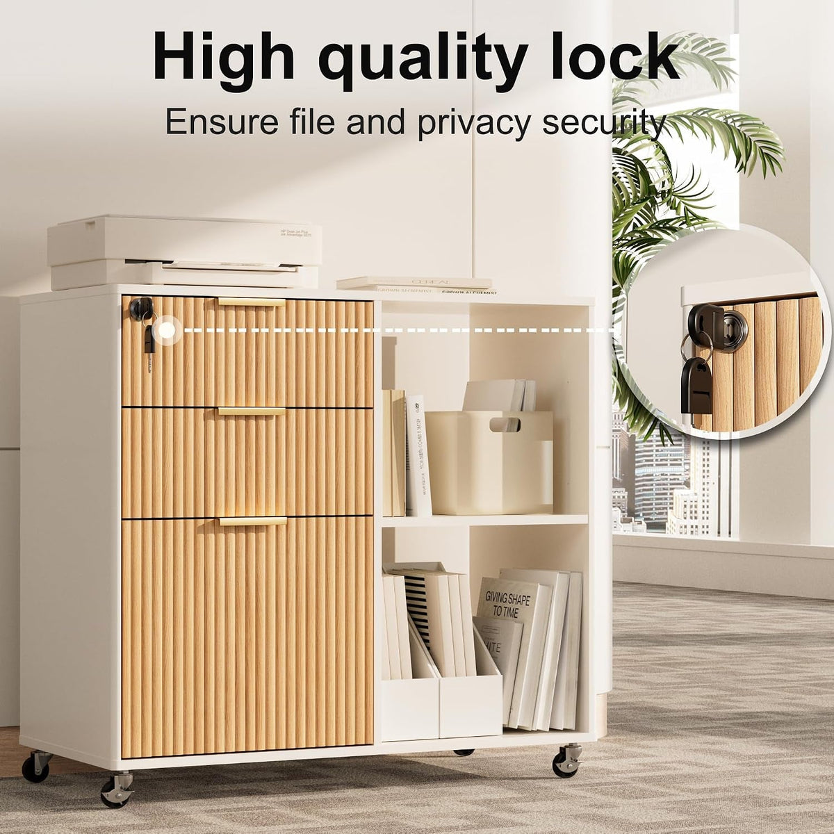 3-Drawer Mobile File Cabinet with Lock and Open Shelf - View 7