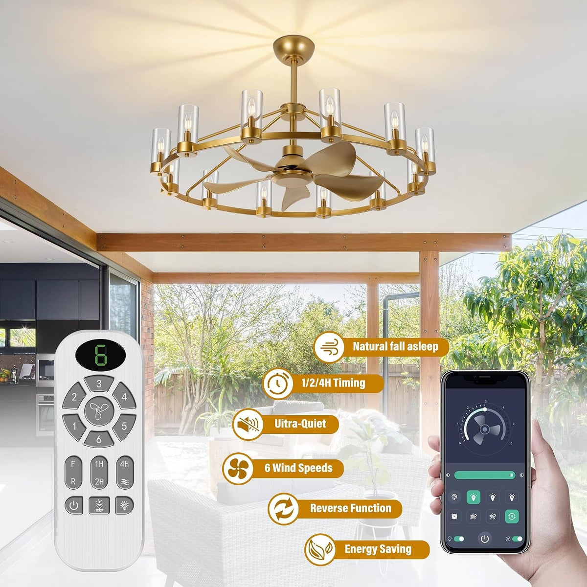44" Wagon Wheel Chandelier Ceiling Fan, 12-Light, Remote & App Control - View 4