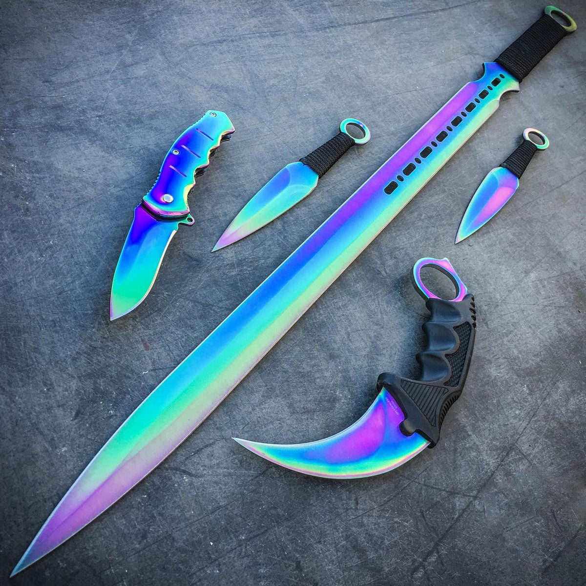5-Piece Rainbow Blade & Machete Set – Colorful Outdoor Collector Collection