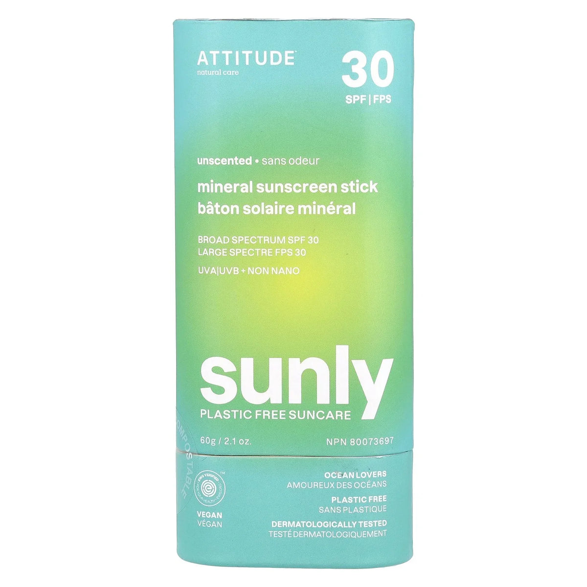 Attitude Unscented Sunscreen Stick, 2.1 oz