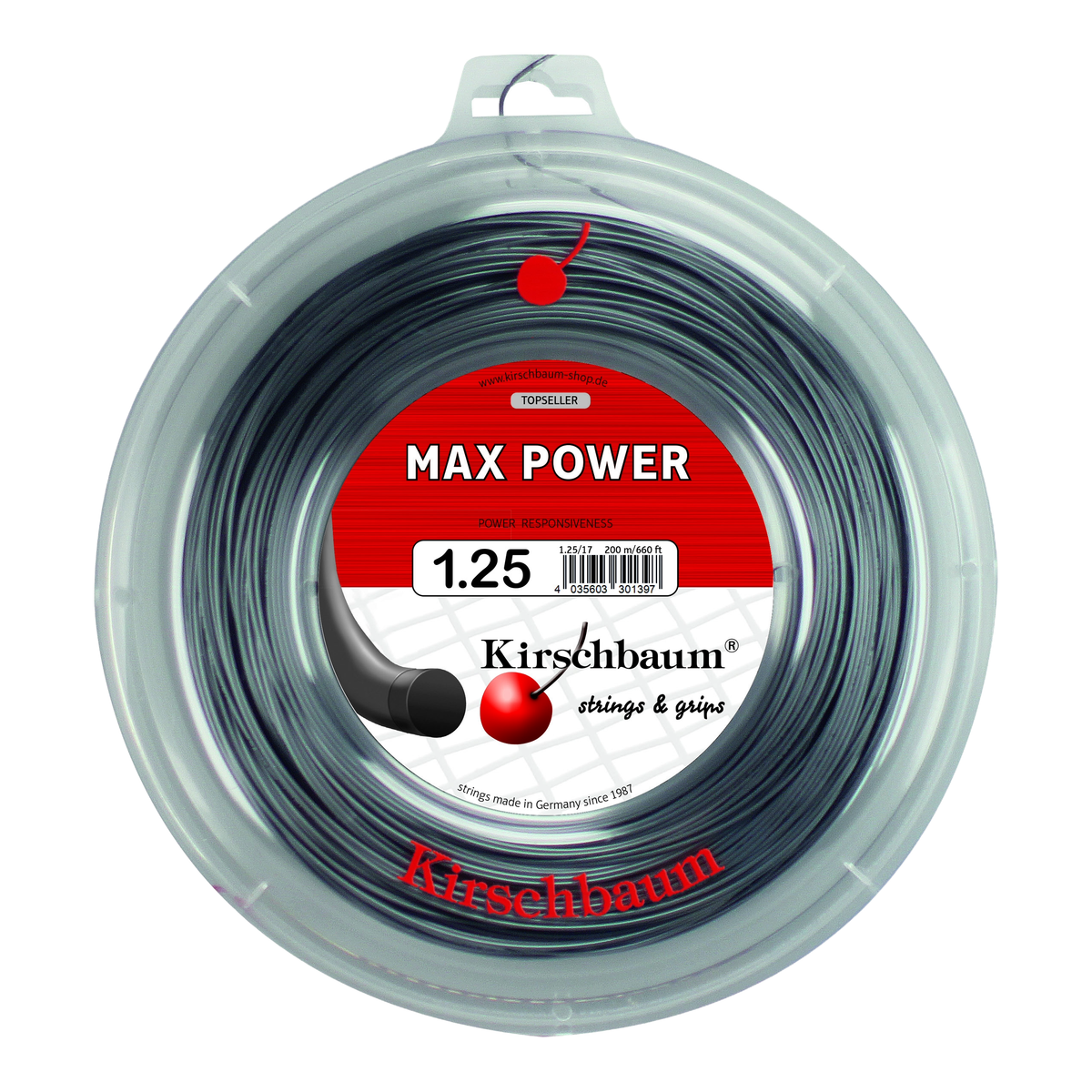 Kirschbaum Max Power Tennis String Reel, 660 ft in 1.25mm / 17G Silver - Front View