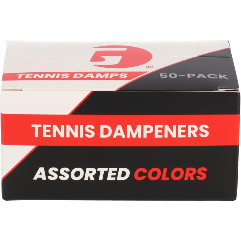 Box of button-style tennis string dampeners designed to reduce vibration and improve comfort during play, packaged in a bulk set.